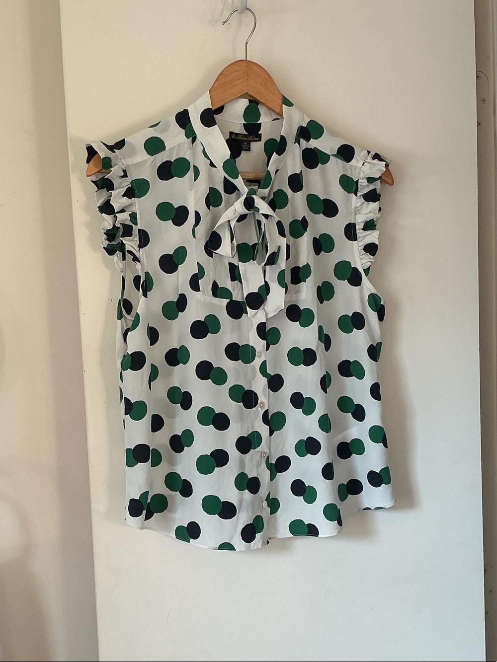 BROOKS BROTHERS Sleeveless Silk Tie-Neck Polka Dot Blouse - Green & Navy